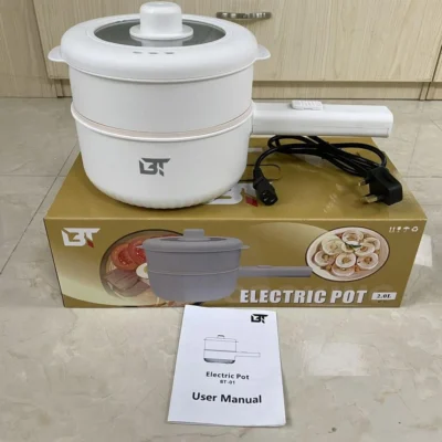 BT Electric Cooking Pot 2.0L Multifunctional Non-Stick Cooker with Steamer & Glass Lid – Portable Hot Pot for Home & Dorm Use
