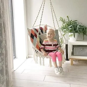 Macrame Hanging Swing Chair with Cushion & Hanging Kit – Handmade Rope Hammock Chair for Indoor & Outdoor